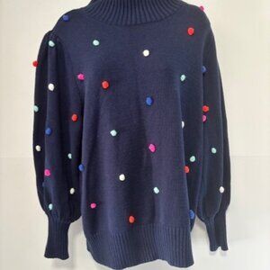 Crown & Ivy 1X Navy Multicolor Pom Pom Sweater Bishop Sleeve Ribbed Party Fun